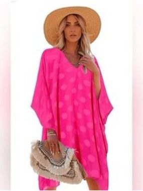 Moss Rose Women’s Swimsuit Cover Up Beach Caftan Pink Dots OS Small-3XL NWT New.